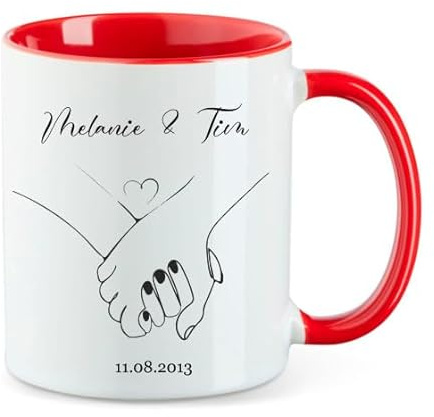 minimutz Tazza con mani coppia – Personalizzata con nome data – Tazza da caffè amore coppie innamorate – Regalo per lui partner San Valentino – Ceramica rossa 330 ml