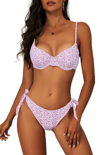 Bikini Sets for Women High Cut Two Piece Swimsuit 2 Piece Bathing Suits Underwire Bikini Top Push Up Swim Suit with Tie Side Bottom Pink Flowers XL
