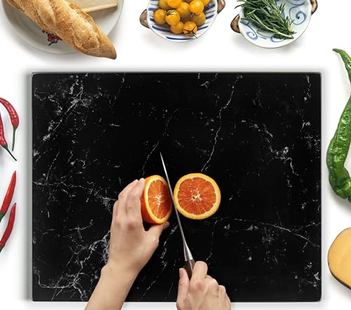 Kitchenville Skärbräda i Härdat Glas 50×40 cm – Kvalitet Bänkskiveskydd & Skärbräda för Kök – Reptålig, Värmetålig, Hygienisk & Lätt att Rengöra – Svart Marmoreffekt