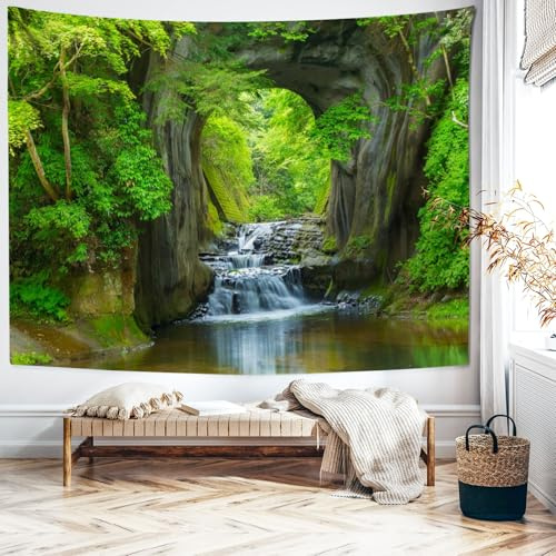 Wandteppich Berglandschaft mit Wasser Tapisserie 350x256cm Wandtuch Höhle Wall Tapestry Green Wandteppich Wasserfall Grün 350x256cm（Breite x Höhe）