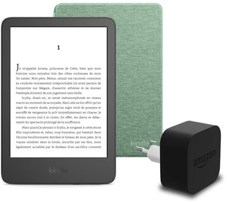 Le nouveau Kindle (version 2024) 16 GB avec publicités, une housse en tissu Amazon et un adaptateur secteur Amazon Powerfast 9 W.