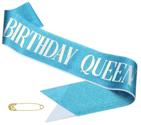 PATIKIL Écharpe d'Anniversaire pour Filles, Écharpe d'Anniversaire Pailletée pour Femmes, Écharpe de Satin Queen pour Décorations de Fête avec Épingle de Sûreté, Fantaisie Bleue