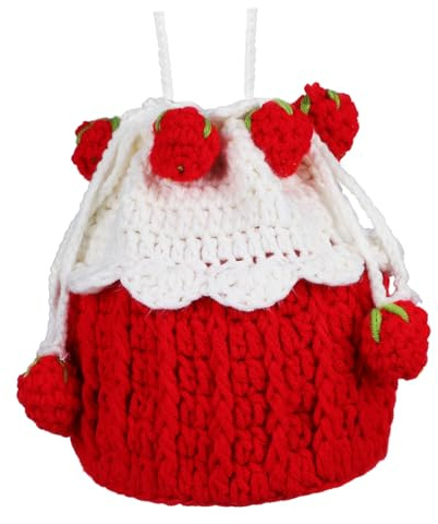 VALICLUD Niedliche Erdbeer Handtasche mit Kordelzugverschluss aus Weicher Acrylfaser Gehäkelte Damen Tasche im Erdbeer Design für Täglichen Gebrauch und Reisen
