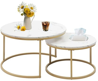 Xisilla Couchtisch Rund-Set (2-teilig) Couchtisch Marmor Zwei-in-eins, geeignet für Wohnzimmer, Lounge, Home Office und Terrassen Golden ⌀80cm und ⌀60cm