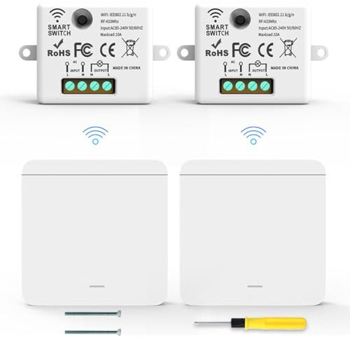 Acmerota Interruttore senza fili Kit interruttore remoto 85-240V 10A Max Nessun cablaggio necessario Interruttore RF On/Off per lampade fino a 1000W / 328ft (2 remoti + 2 ricevitori)