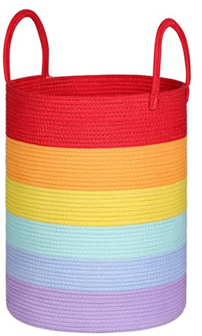 Univivi Extra Large Laundry Basket, 58L Woven Storage Baskets, Rainbow | Foldable Blanket Baskets, Sturdy Handle, Baby Storage Basket, Nursery Decor Rope Basket, 38x50cm