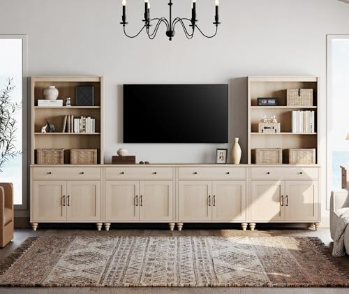 WAMPAT Entertainment Center with Bookshelves for TVs up to 75, Farmhouse Wall Unit TV Stand with 8 Doors & 4 Drawer, Media Console Table for Living Room, Bedroom & Home Theater, Beige