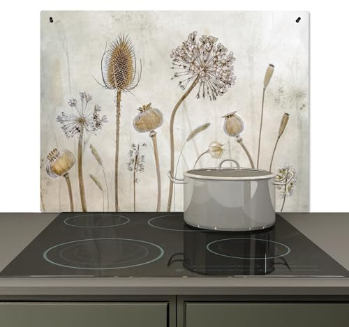 KitchenYeah© Crédence pour la Cuisine Murale Accessoire Déco Protège Mur | 80x52 cm - Plaque Anti Protection, Induction Fleurs - Aquarelle - Nature Morte - Marron - Vintage