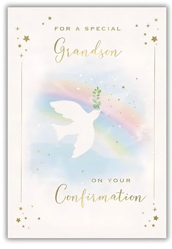IC&G Special Grandson Confirmation Day Congratulations Card - Confirmation Congratulations Card for Boys with Artistic Rainbow Dove Design and an Embossed Foil Finish