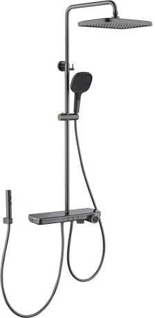 Duschsystem mit Thermostat Duschsäule Höhenverstellbar, 4-in-1 Duschset 35x22cm Regendusche, 3-Strahlarten Handbrause, Wasserfall Wannenauslauf, Hygienedusche, Grau