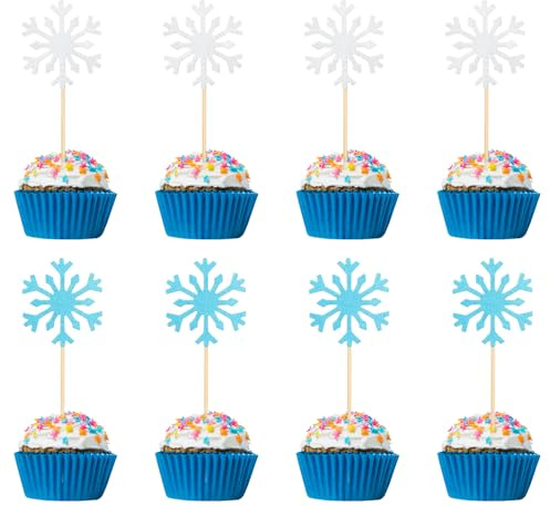 Schneeflocken-Cupcake-Topper, Eiskönigin-Kuchenaufsätze, Glitzer-Winter-Cupcake-Picks, Schneeflocken-Kuchendekorationen für Themenparty, Geburtstag, Weihnachten, Babyparty und Winterwunderland, 40