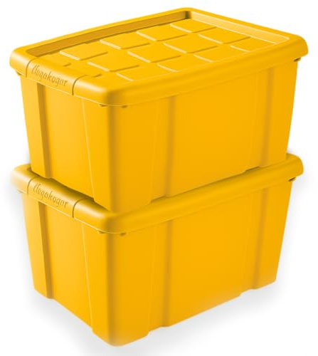 TIENDA EURASIA - Pack de 2 Cajas de Ordenación de Plástico | Con Tapa | Multiusos | Clips de Cierre | Apilables | Contenedor para Almacenar Juguetes, Ropa, Mantas (Amarillo, 25 Litros)