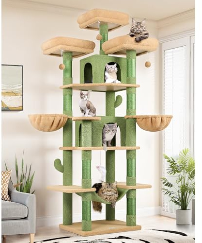 Globlazer Kattklösträd XXL Kaktus Grön, Högt kattträd 204 cm med 3 vadderade sittplatser, 2 bon, 2 korgar, hängmatta, stabilt klösträd för 3–5 katter att vila, leka och klösa (F80, grön)
