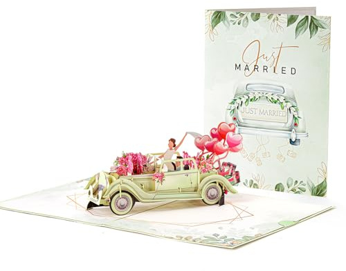 Just Married 3D Hochzeitskarte Pop Up, Karte Hochzeit mit Vintage Grünem Hochzeitswagen und Blumenmustern, Perfekte Glückwunschkarte zur Hochzeit für Hochzeitsfeier, Verlobung, Jubiläum