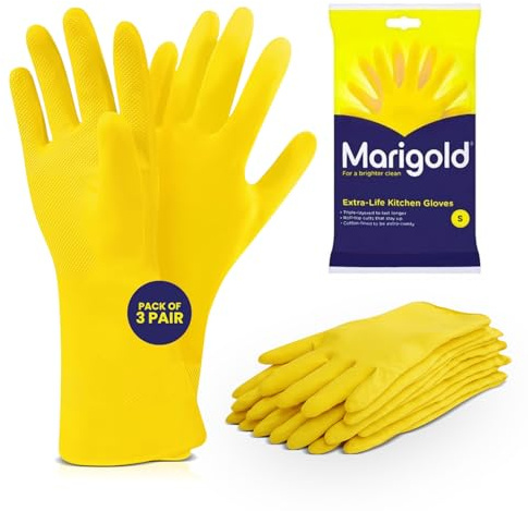 Yellow Rubber Gloves Kitchen Cleaning Reusable Waterproof Small 3 Pairs | Unisex household design, strong grip for dishwashing, washing up, bathrooms and surfaces, handy three pair multipack