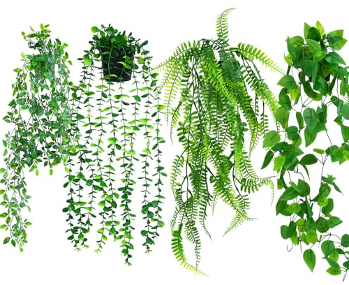 GUXLXAR Artificial Hanging Plant, 4 Pack Fake Plants with Black Pots, Fake Ivy Faux Plant Hanging Artificial Plants Indoor for Home Room Wall Shelf Bathroom Office Indoor Outdoor Decor