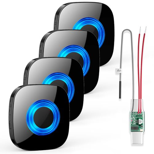 Funksignal Weiterleitung 4 Empfänger und Funkkonverter für Klingelanlagen | (3-24V AC/DC), 110dB Lauter Gong, 58 Melodien, Einfache Installation, Blinklicht, Ideal für Senioren