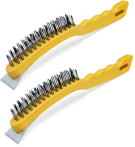 ZAVIA 2 Pack Wire Brush with Metal Scraper | 4 Row Wire Scratch Brush with Carbon Steel Grit & Plastic Handle for Scrapping Corrosion & paint | Metal Cleaning Wire Brushes for Welding Slag Removal