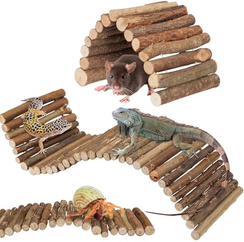 Lankai 3 Piezas Juguete De Puente De Suspensión De Hámster, Madera Flexibles para escondite de Reptiles, Puentes túnel Flexible para roedores, Accesorios de Jaula, Juguetes para Masticar molares