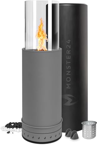 Monster24 Standkamin, rund, freistehend, 87 x 27 x 27 cm, Pellet Terrassenheizer für Outdoor, Terrassenofen mit 360° Flammenspiel, ideal als Terrassenkamin und Bodenkamin