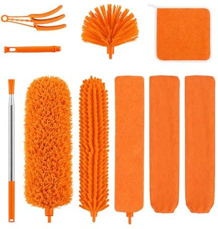 JF HOME BLISS Feather Duster Cleaning Kit 8 PCS, 245cm Extendable Telescopic Long Handle Microfiber Duster, Cobweb Dusting Brush Set for High Ceiling Fans AC Vents Indoor Home Cleaning (Orange)