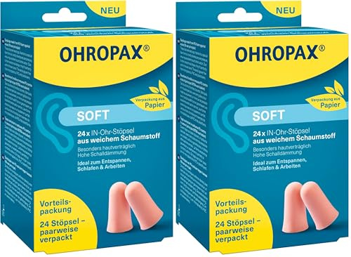 OHROPAX Soft Ohrstöpsel Vorteilspackung – IN-Ohr-Stöpsel aus weichem Schaumstoff – Schalldämmwert SNR 31 dB – zum Entspannen, Schlafen und Arbeiten – nachhaltige Verpackung aus Papier - 24 Stück