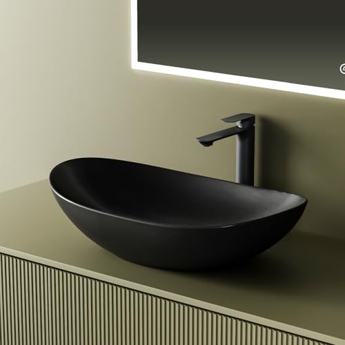 EMKE Aufsatzwaschbecken oval, Keramik Waschbecken Bad 61,9 x 36 x 15,7 cm, Waschtisch Schwarz Matt, Waschschale ohne Hahnloch, Handwaschbecken für Badezimmer und Hotel