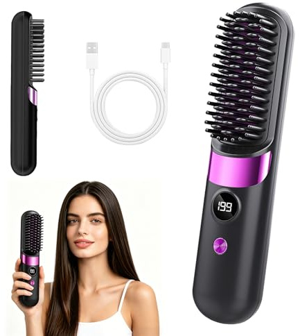 Glättbürste Kabellos: Stylingbürste für Kurze Haare - Keramikheizung Mini Glätteisen 4 Temp Einstellungen - Negative-Ionen-Haarpflege - Hair Straightener für Reisen Täglichen Gebrauch