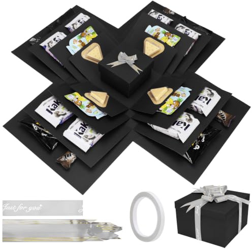 Överraskningslåda, 5-lagers kreativ presentförpackning explosionslåda svart | Födelsedagspresentask med lock och dekorband, mystery box till jul, halloween, bröllopsdag, 23 × 23 × 16 cm