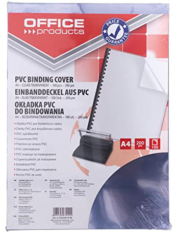 OFFICER PRODUCTS 20222015-90 Deckblätter Einbanddeckel aus Transparent PVC Klarsichtfolie 100 Stück zum Binden/DIN A4 200 g/qm