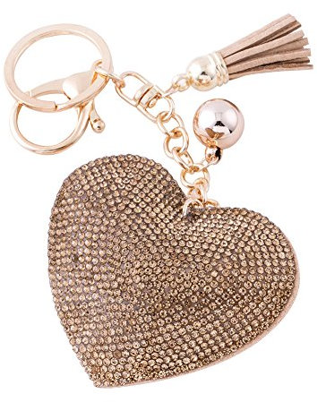 Soleebee Leder Liebes-Herz Keychain Bling Kristallstrass Taschen Koffer Rucksäcke Zubehör Charm Auto Schlüsselanhänger Schlüsselring mit Quasten (Hell Gold)