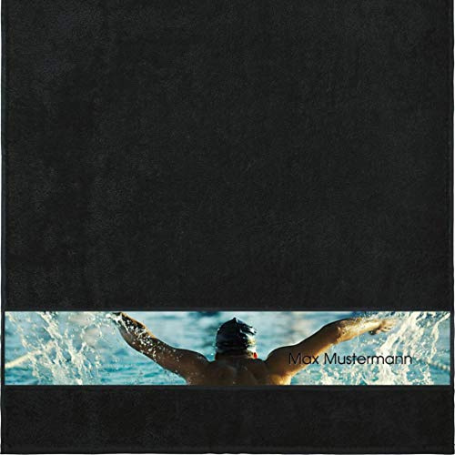 Manutextur Duschtuch mit Namen - personalisiert - Motiv Sport - Schwimmen - viele Farben & Motive - Dusch-Handtuch - schwarz - Größe 70x140 cm - persönliches Geschenk mit Wunsch-Motiv und Wunsch-Name