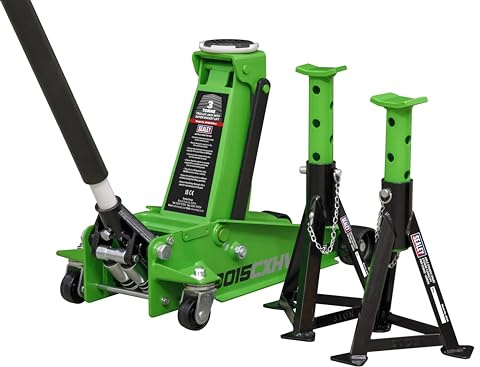 Sealey 3015CXHV 3 toners vagn Jack Super raket lyft & axelstativ (par) -Hi-Vis grön