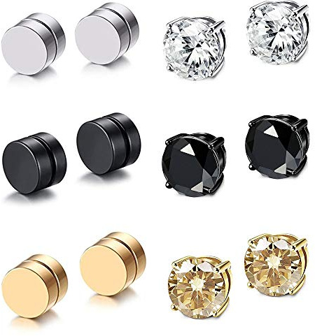 Fu You 6 Paires Acier Inoxydable Boucles d'oreilles Magnétique Homme Femme Boucle d Oreille Aimant sans Trou Fausse Boucle d'oreille Clip Non Piercing Diamant Zirconium Ronde Clou Argent Or Noir 8MM