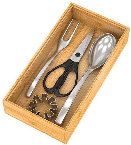 Drawer Organizer Utensil Holder for Kitchen, Small Wood Silverware Storage Organizer, Stackable Box Tray for Cutlery, Flatware, Bathroom Countertop Caddy for Makeup, Jewelry(1262.5)