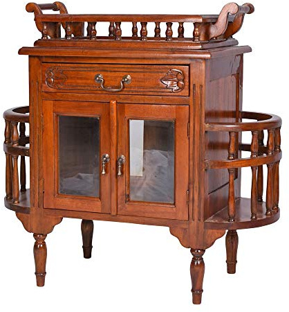 Barschrank „Villa Hemingway“ – Mahagoni Hausbar Kolonialstil, handgearbeitet mit Schnitzereien, abnehmbarem Tablett, zwei verglasten Türen & Schublade, vielseitig Barwagen, Teeschrank Beistelltisch