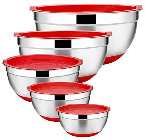 Homikit Lot de 5 saladiers en acier inoxydable, avec couvercle rouge et fond en silicone, multifonctions, empilables, passent au lave-vaisselle, 6,6 l, 3,5 l, 2,5 l, 1,5 l, 1 l