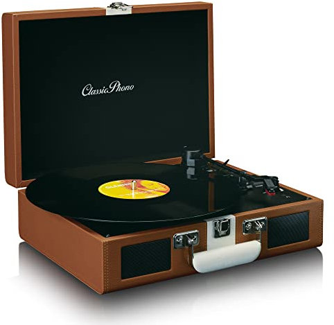 Classic Phono TT-120BNWH - Lettore di dischi con ricezione Bluetooth, altoparlanti integrati e batteria ricaricabile - Marrone/Bianco