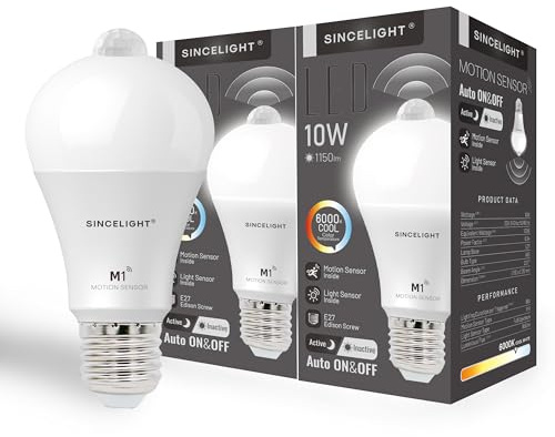 SINCELIGHT Bewegungssensor PIR LED Glühbirne mit E27 Sockel, Automatisches EIN/AUS durch Bewegungsmelder, mit PIR-Sensor und Tageslichtsensor, Sicherheitslichter, 60 Sekunden Dauer, 10W≈100W, 2 Stück