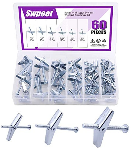 Swpeet Assortiment de 60 boulons à bascule et écrous à ailettes pour accrocher des articles lourds sur cloison sèche – 6,35 mm, 9,5 mm, 6,35 mm