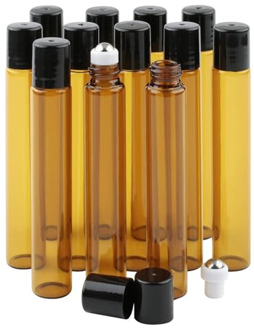 Pxyelec 10 ml Amber Glass Roller Bottle for Essential Oils, 12 Pack Empty Screw Cap Bottles with Stainless Steel Roller Balls