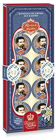 Reber König-Ludwig-Kugeln – 10er Packung – Zartbitter- und Alpenmilch-Schokolade, Orangenmarzipan und Haselnuss-Nougat