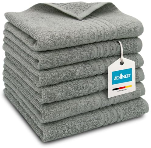ZOLLNER 6er Set Gästehandtücher in 40x60 cm - saugstarke Gästetücher in grau - mit praktischem Aufhänger - mit eleganten Tiefgangstreifen - waschbar bis 60°C - Baumwolle - Hotelqualität
