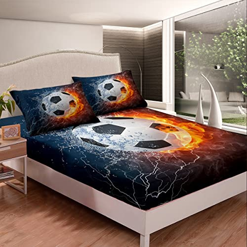 Loussiesd 3D Fußball Druck Spannbettlaken 90x200cm EIS Feuer Fußball Muster für Kinder Mädchen Jugendliche Sport Thema Bettlaken Set Ultra Sanft Mikrofaser Spannbetttuch