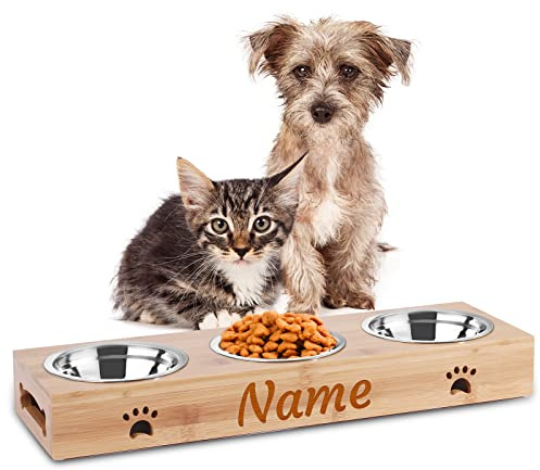 OXYEFEI Wooden Pet Bowl, Personalized Dog Bowl/Cat Bowl for Small and Medium Pets, Bamboo Frame Cat Dog Bowl with Custom Name and Text, with Stainless Steel Bowls (Three bowls)