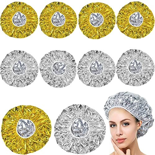 Haarkappe, Hillylolly 10 Stück Duschhaube, Duschhauben Wiederverwendbar, Wärmekappe für Haare, Shower Cap Long Hair, Hair Cap Shower, Hot Head Cap Deep Conditioning (Golden Und Silber)