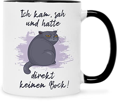 GRAVURZEILE Bedruckte Tasse mit Spruch - Ich kam, sah und hatte direkt keinen Bock V2 - Lustiges Geschenk mit Katze - Geschenke für Kollegen im Büro - Geschenk für Sie & Ihn - Farbe: Schwarz & Weiß