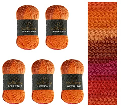 Wollbiene Summer Touch Batik 5 ovillos de 100 gramos, multicolor degradado, 500 g, lana mercerizada, microfibra acrílica (510 naranja y rosa)