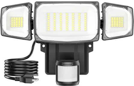 Olafus 70W Motion Sensor Outdoor Light Plug in, Motion Flood Light Dusk to Dawn, 7000LM LED Security Light IP65 Waterproof, Motion Activated 6500K PIR Sensor Lighting for Garage Yard Patio Eave, Black