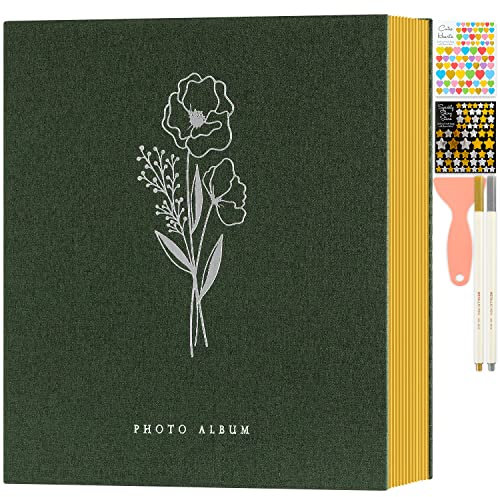 Lanpn Fotoalbum Selbstklebend Einkleben Scrapbook, Leinen Groß Weiße Seiten Fotobuch zum Selbstgestalten mit Metallischer Stift 10x15 13x18 A4 A5 Bilder (Große,40 Blatt/80 Seiten,Grün)